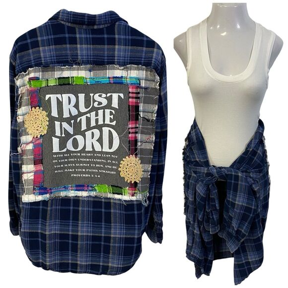 Christian Religious Flannel Shirt Womens 1X Shacket Upcycled Art Cottage Blue - Picture 1 of 16